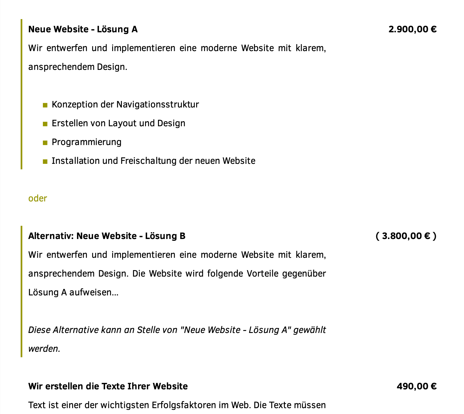 Darstellung von Alternativpositionen im Angebot