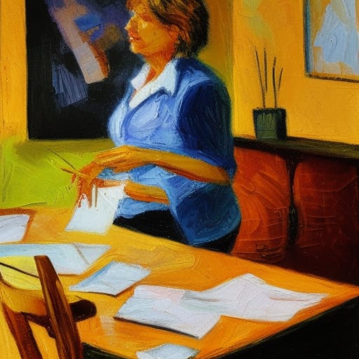 Eine Person steht an einem Tisch, auf dem zahlreiche Papiere liegen