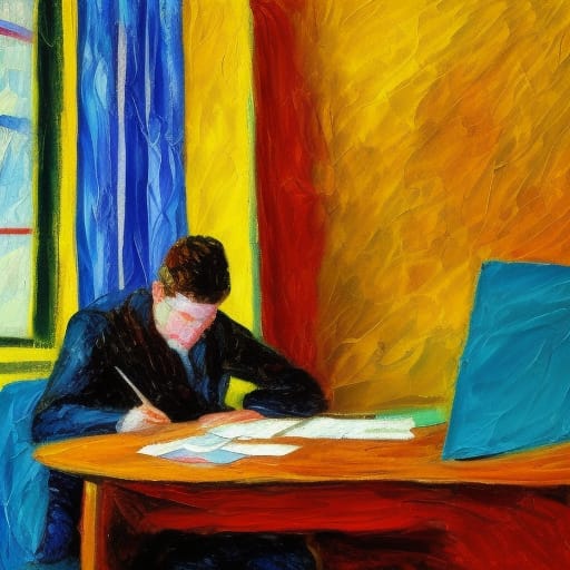 Gemälde einer Person, die an einem Tisch sitzt, mit einem Stift in der Hand und Papier vor sich auf dem Tisch.