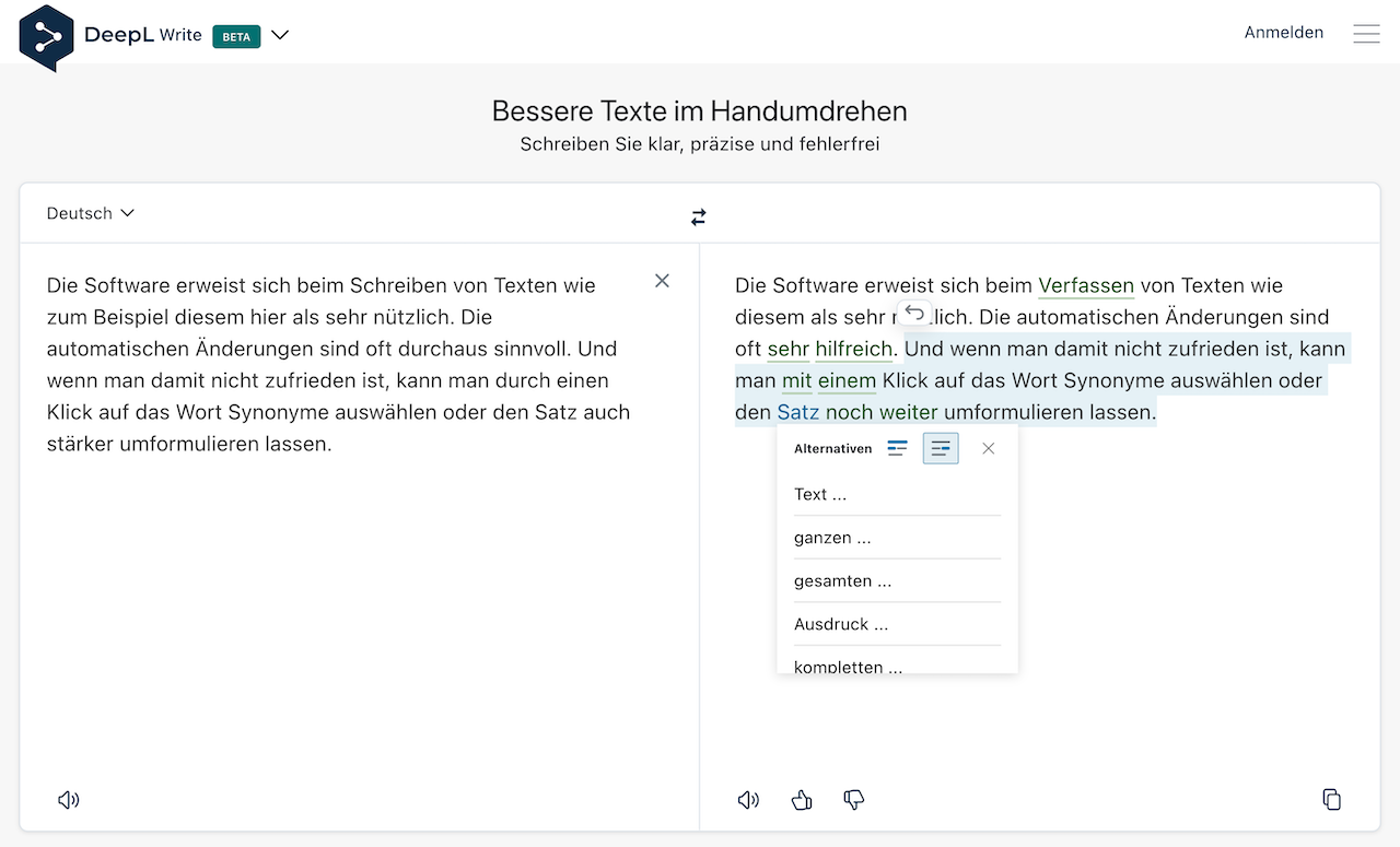 Screenshot DeepL Write