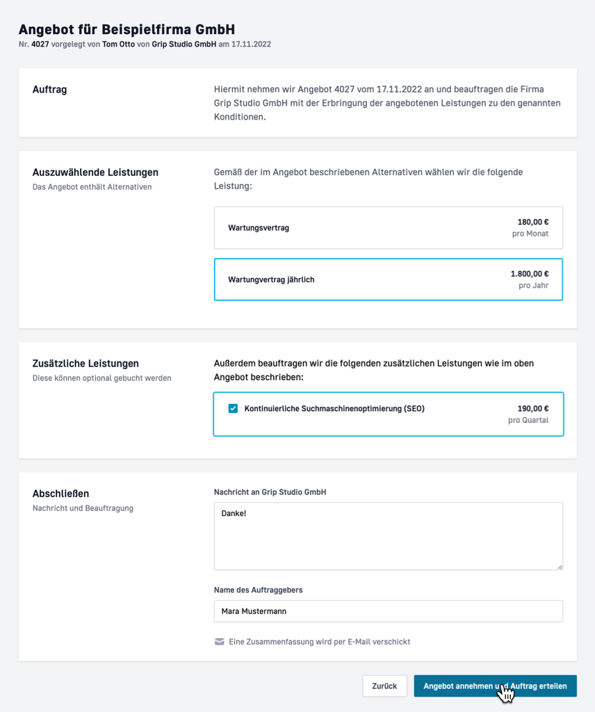 Screenshot von Grip: Angebot online annehmen