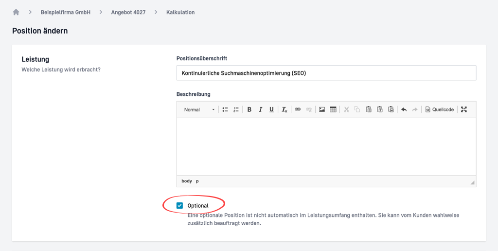 Preisposition optional machen