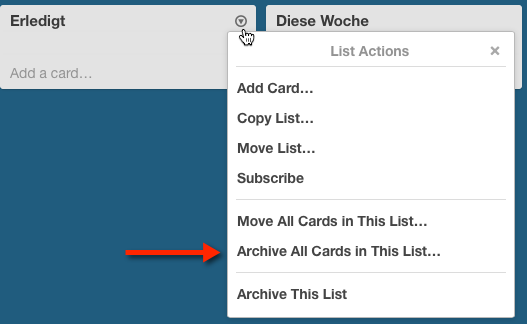 Trello-Screenshot (Alle Karten einer Liste archivieren)