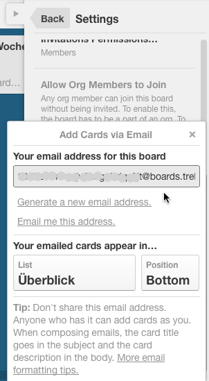 Trello-Screenshot (Trello E-Mail-Adresse eines Boards)