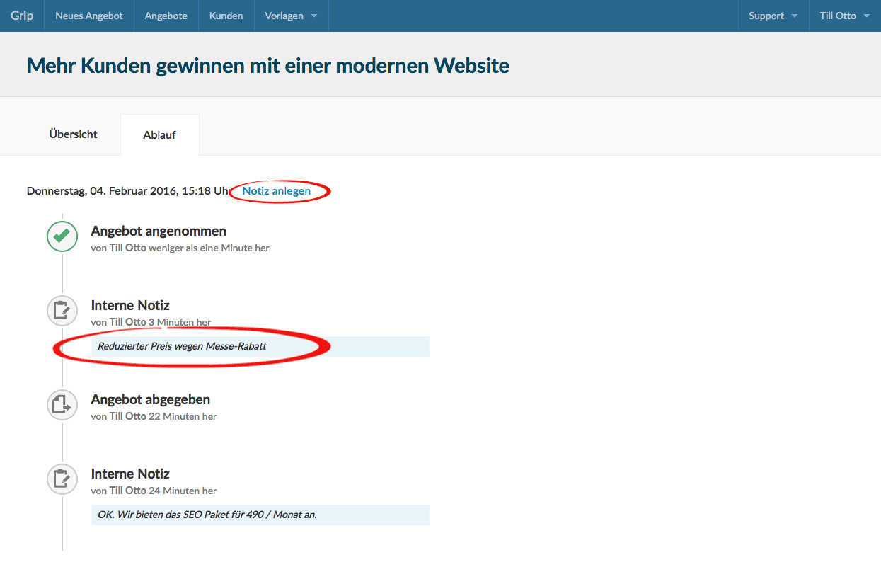 Screenshot Ablauf des Angebotsprozesses mit Statusänderungen und Notizen