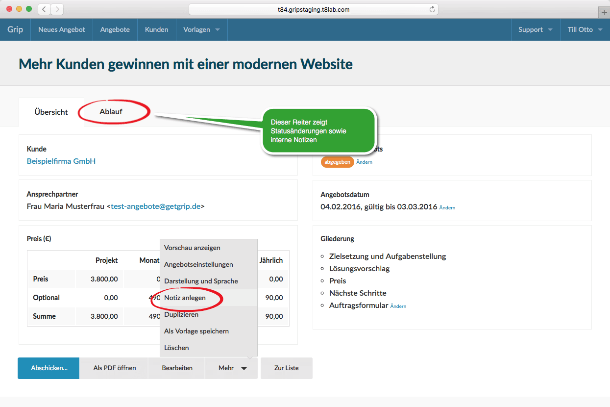 Screenshot Notiz anlegen in der Übersicht zum Angebot