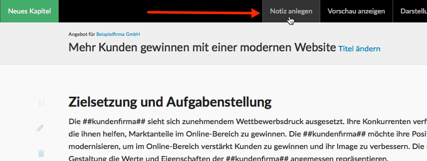 Screenshot Notiz anlegen im Angebotsdokument